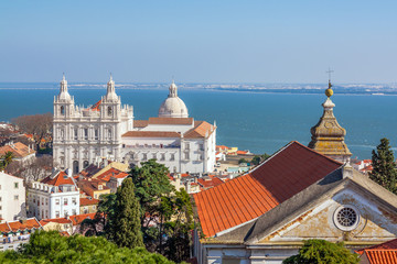 Lisbon, Portugal. Sao Vicente de Fora Monastery, dome of Panteao Nacional aka National Panteon and...