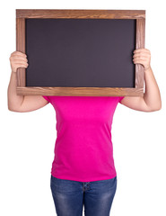 the teacher holds a chalkboard