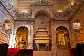 Fototapeta na wymiar Lisbon, Portugal. Tomb of King Dom Henrique I at Jeronimos Monastery or Abbey aka Santa Maria de Belem. UNESCO World Heritage Site. Manuelino or Manueline art.