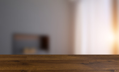 Empty interior with large window. Retro light bulb. The floor is of brown parquet.  3D rendering. wooden table. blurred background