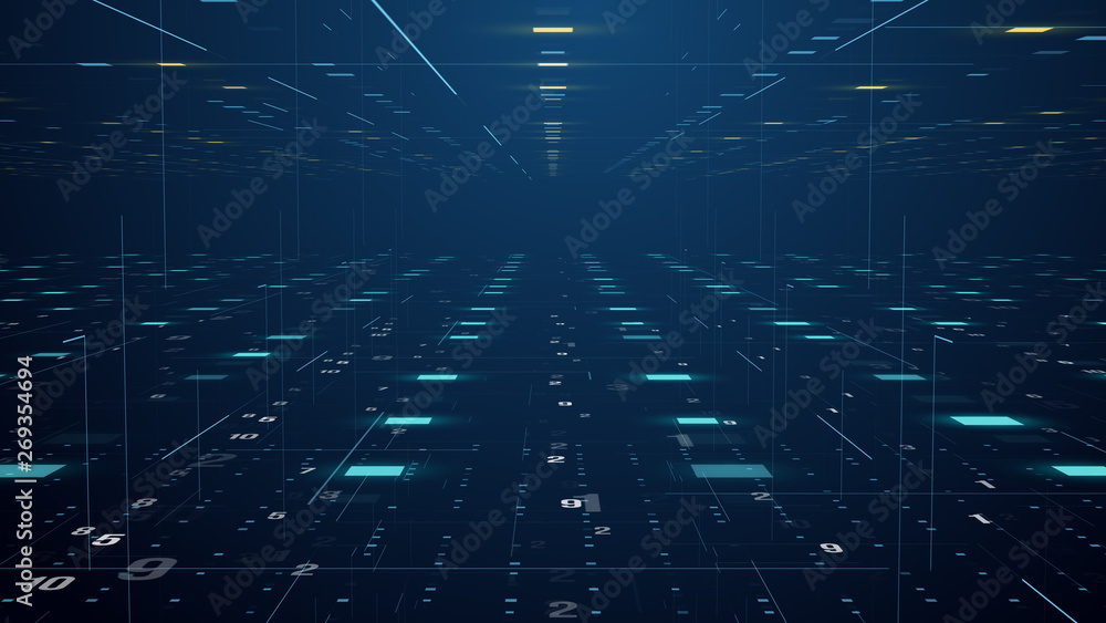 Poster Abstract technology floating code number digital grid motion background loop virtual reality concept