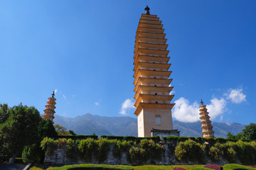 The Three Pagodas (San Ta Si), dating back to the Tang period (618-907 AD), China, Dali, Yunnan, China. Dali, Yunnan, China - November, 2018.