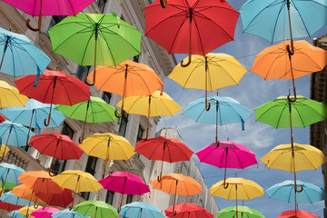 Fototapeta na wymiar Colorful umbrellas decoration in streets of Timisoara city, Romania
