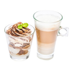 Classic tiramisu dessert in a glass and cup of coffee isolated on a white background with clipping path