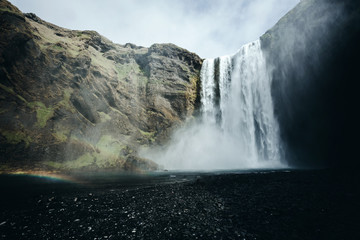 Amazing view of popular tourist attraction. Location Skogafoss waterfall, Iceland, Europe.