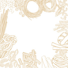 Different types of dry Italian pasta. Vector background. Sketch  illustration.