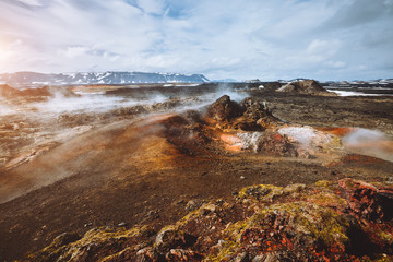 Mystery view of the geothermal valley Leirhnjukur. Location Myvatn lake, Krafla volcano, Iceland, Europe.