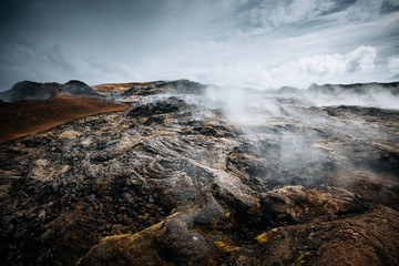 Exotic view of the geothermal valley Leirhnjukur. Location Myvatn lake, Krafla volcano, Iceland, Europe.