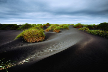 Exotic landscape of the volcanic beach. Location Stokksnes cape, Vestrahorn, Iceland, Europe.