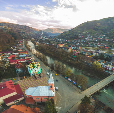 Aerial panoramic shot of Rakhiv town in Ukraine.