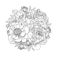 Floral background.Hand drawn flowers and leaves in a circle. Sketch illustration