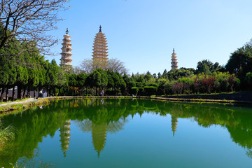 The Three Pagodas (San Ta Si), dating back to the Tang period (618-907 AD), China, Dali, Yunnan, China. Dali, Yunnan, China - November, 2018.