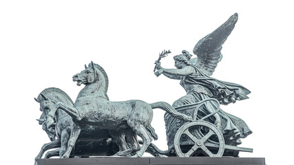 Bronze quadriga statue of goddess of Victory, Nike, at Austrian Parliament roof in Vienna, Austria,...