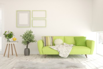 Stylish room in white color with sofa. Scandinavian interior design. 3D illustration