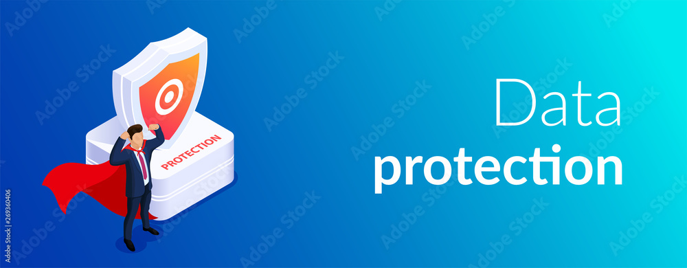 Poster protection concept. man with super abilities or a hero is standing next to a shield. protection of d