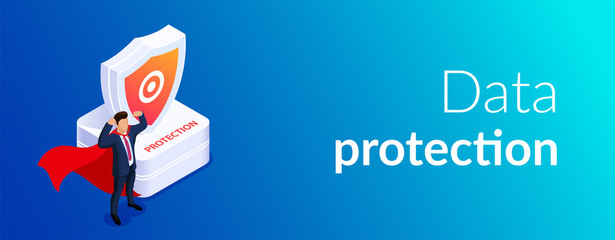 Protection concept. Man with super abilities or a hero is standing next to a shield. Protection of data or object. Vector 3d isometric illustration.