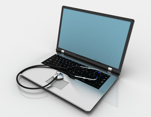 laptop and stethoscope. repair service concept. 3d illustration