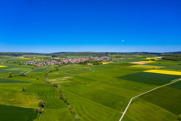 Fototapeta na wymiar Aerial view, agriculture with cereal fields and rapeseed cultivation, Usingen, Schwalbach, Hochtaunuskreis, Hesse, Germany