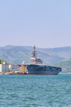 Helicopter Destroyer "Hyuga" anchored in the bay of Maizuru, Kyoto Prefecture, Japan