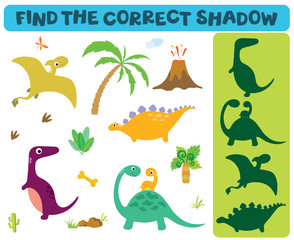 Find the correct shadow. Adorable dinosaurs isolated on white background