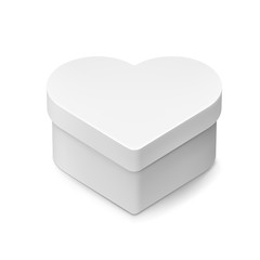 Closed cardboard box mockup in love heart shape. Blank packaging box for romantic gift isolated on white background vector illustration. Happy valentines day presents wrapping. Realistic delivery case