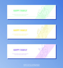 Set of banners. Continuous line drawing of happy family. Editable masks. Template for your design works. Vector illustration. 