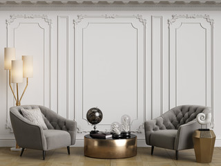 Classic interior with grey armchairs and floor lamp