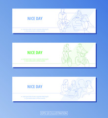 Obraz na płótnie Canvas Set of banners. Continuous line drawing of gamers, man and woman riding bicycles, girls at a table in a cafe. Editable masks. Template for your design works. Vector illustration.