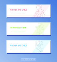 Set of banners. Continuous line drawing of mother and child, father and child. Editable masks. Template for your design works. Vector illustration.