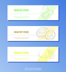 Set of banners. Continuous line drawing of healthy food. Avacado, coconut, lemon. Editable masks. Template for your design works. Vector illustration.