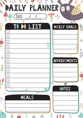 Daily planner with cute owl. Printable template in A4 format