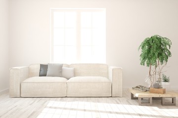 Stylish room in white color with sofa. Scandinavian interior design. 3D illustration