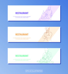 Set of banners. Continuous line drawing of restaurant symbols. Editable masks. Template for your design works. Vector illustration.