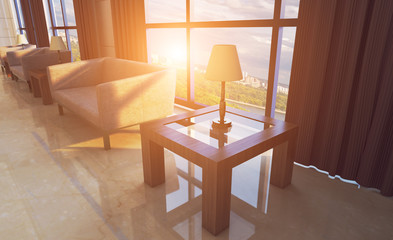 The interior of the large lobby with marble walls in the hotel. Reception. Business background.. Sunset. 3D rendering