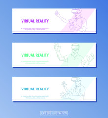 Set of banners. Continuous line drawing of man in virtual reality glasses. Editable masks. Template for your design works. Vector illustration.