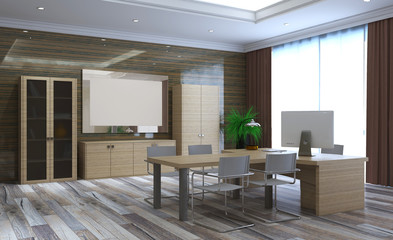modern office with wooden walls and a large window. business background. 3D rendering. Blank paintings.  Mockup.