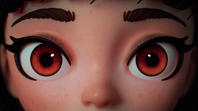 3d cartoon character girl with big brown eyes. Close up portrait of  beautiful brunette attractive cute girl. Female eyes with long eyelashes.  Young freckles woman face with healthy skin. 3d rendering ilustración