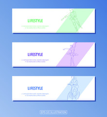 Set of banners. Continuous line drawing of rollerblading girl, ballerina, woman riding bicycles. Editable masks. Template for your design works. Vector illustration.