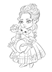 Black and white line hand drawn digital illustration of a charming little lady hugging a cat dressed in a polka-dot dress. Cartoon girl in a vintage dress with bows holds a rose in hands. Cat's paws.