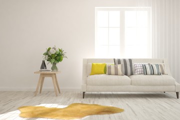 Stylish room in white color with sofa. Scandinavian interior design. 3D illustration