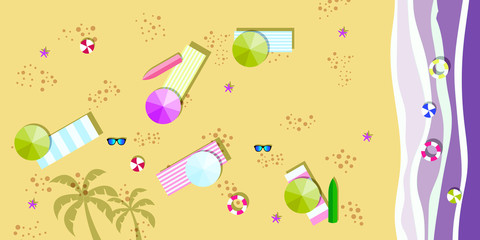 Summer sunny beach with umbrellas. Sea waves Top view. Travel, vacation, holidays concept