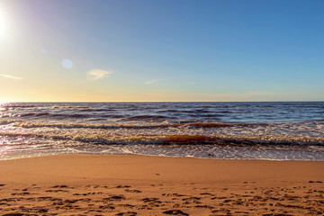 Fototapeta na wymiar Calm Baltic sea seashore beach background in golden hour