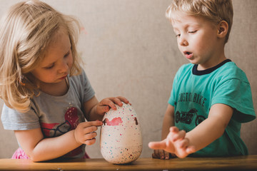Fototapeta premium children play with hatched toy chicken