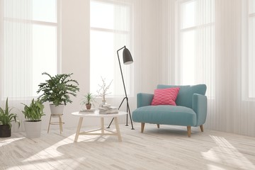 Stylish room in white color with armchair. Scandinavian interior design. 3D illustration