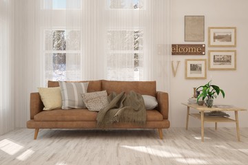 Stylish room in white color with sofa. Scandinavian interior design. 3D illustration