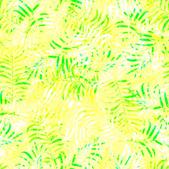 tropical leaves with light green and white textures on a light yellow color
