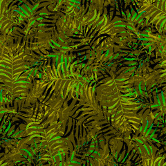 tropical leaves with light green and brown textures over a dark green color