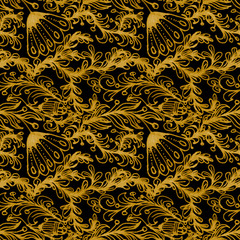 floral ornament drawn by hand with a golden color on a black background