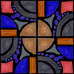 circles and squares drawn with watercolor blue and brown colors with black lines