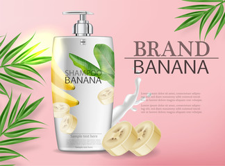 Banana shampoo Vector realistic mock up. White bottle cosmetics. Product placement label design. Detailed 3d illustrations